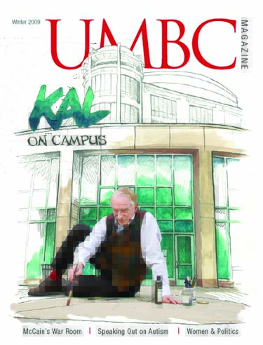 Man sits and paints in front of illustration of aok library