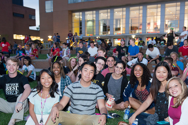 Students enjoy a movie on the Quad during the first week of classes.