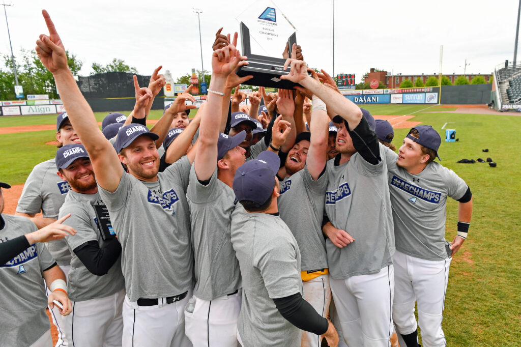Retrievers celebrate winning the 2017 America East baseball championship. Photo courtesy of America East.
