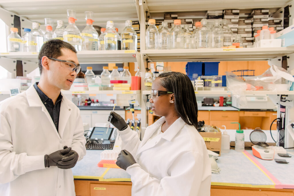 Researchers at work in a wet lab
