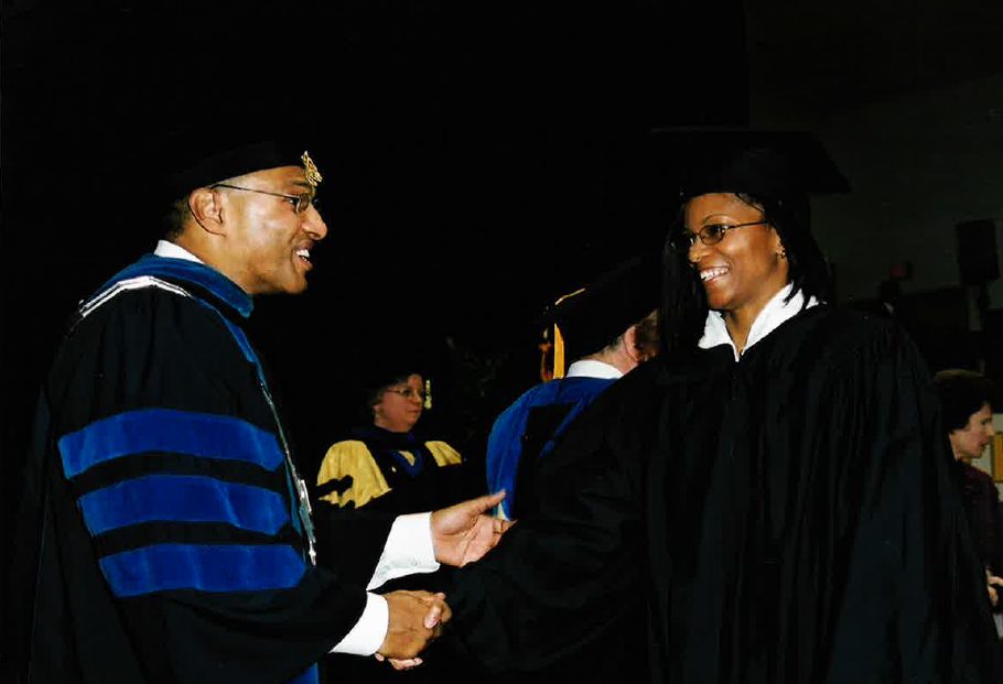 Dr. Hrabowski congratulates Nicole Smith on graduation. Photo courtesy of the Smith family. 