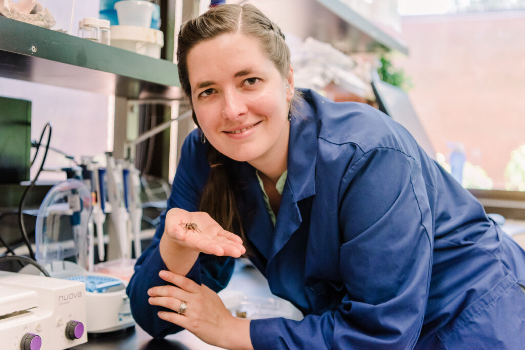 Sarah Stellwagen with her pet baby orange-kneed tarantula.