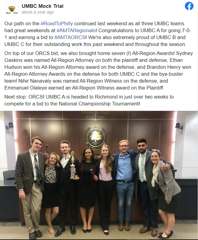Face book post of UMBC Mock Trial from 2019 with text describing several competition wins and below it a picture with eight young people dressed in suits standing in a Stevenson University office.