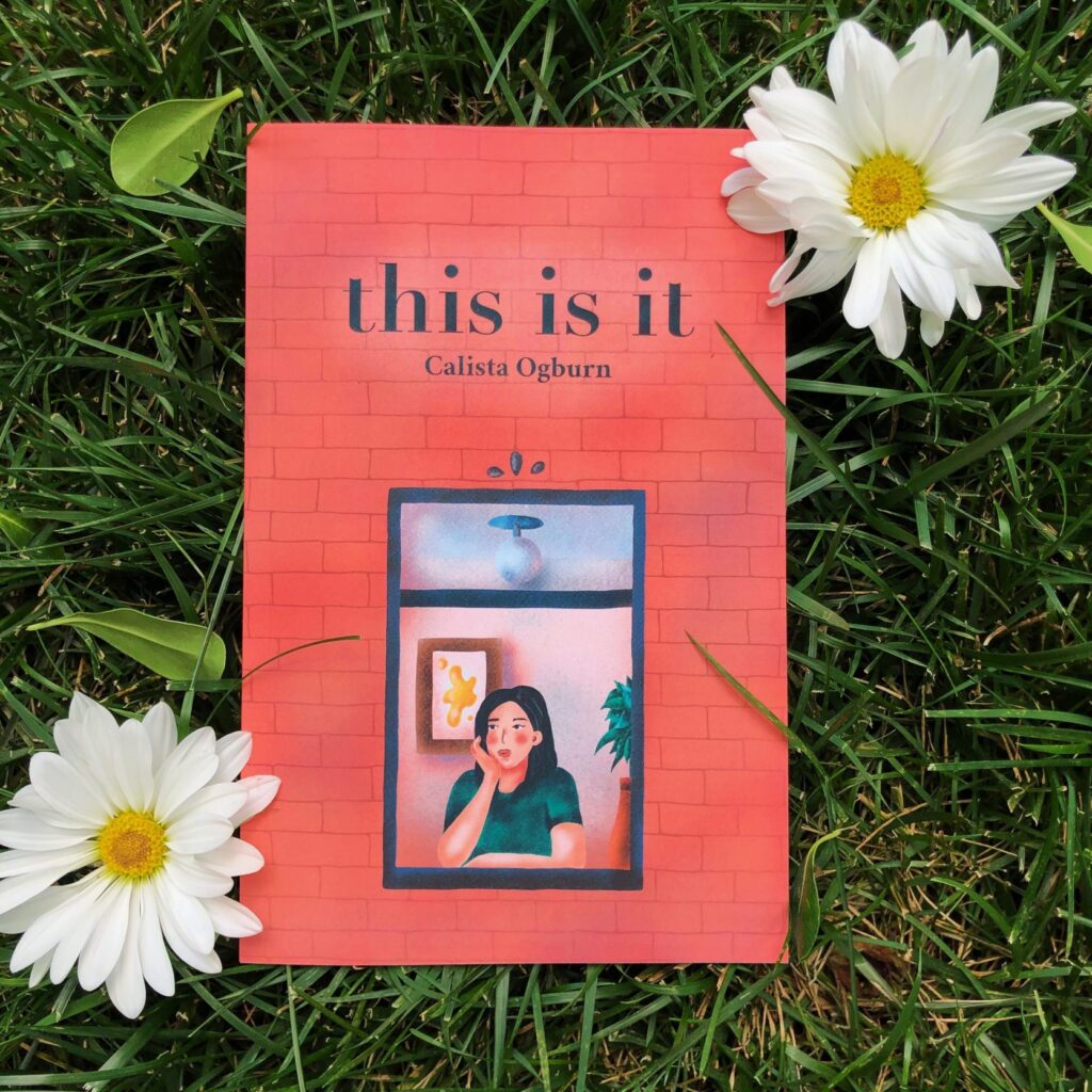 A book sits in the grass, with white flours. The book cover reads
