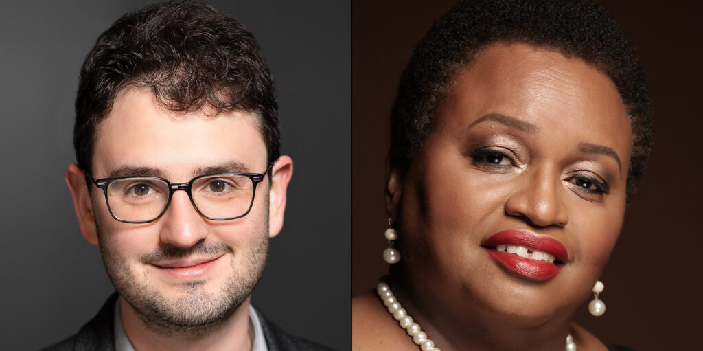 A picture of with two headshots side by side one of a man the other of a woman.