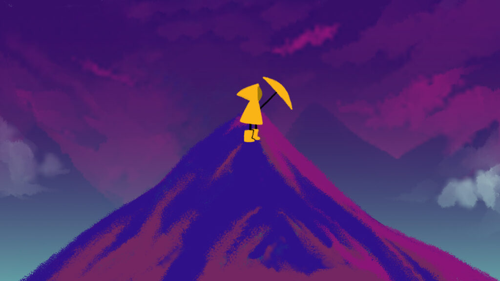 An animation still of a character dressed in a bright yellow rain jacket and holding a yellow umbrella while standing at the summit of dark purple and blue mountain with dark purple clouds behind the mountain.
