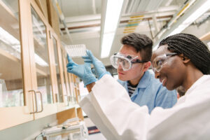 two students observe a well plate in a brightly lit laboratory