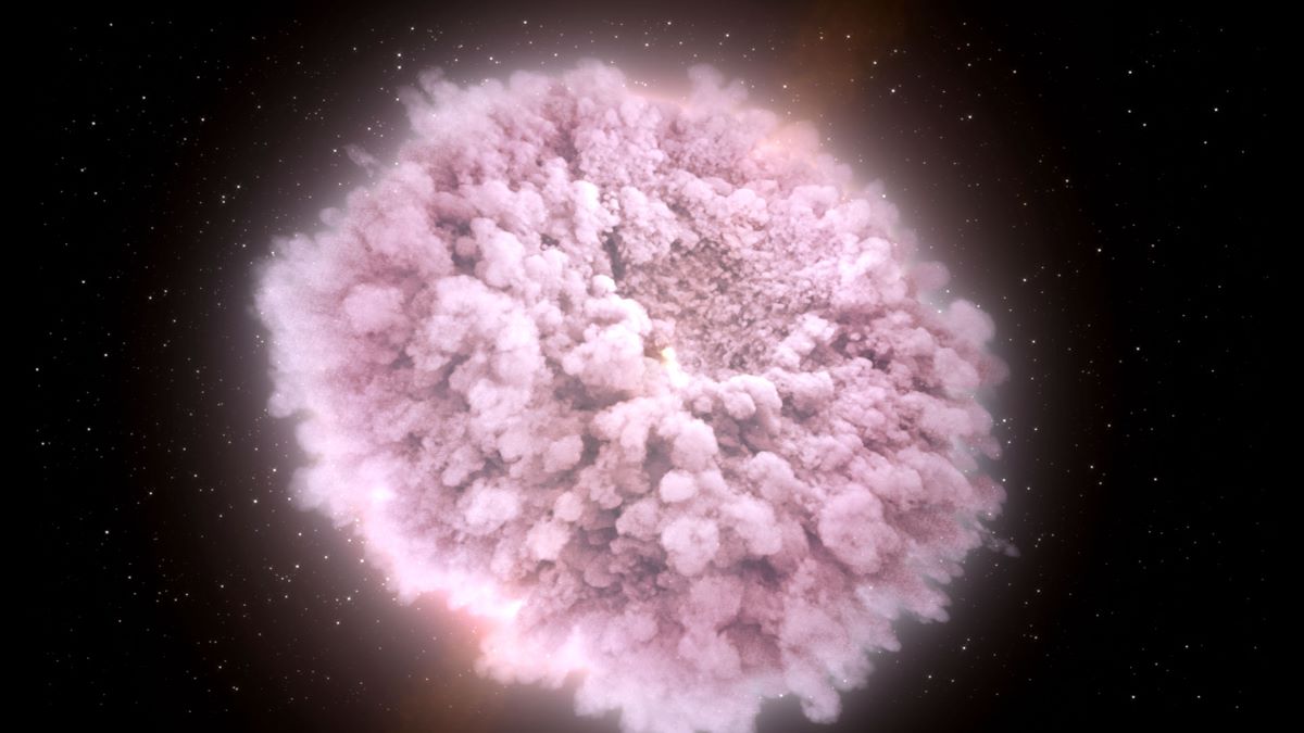 A cloud of grayish-purplish smoke -- like an explosion -- appears on a black background.