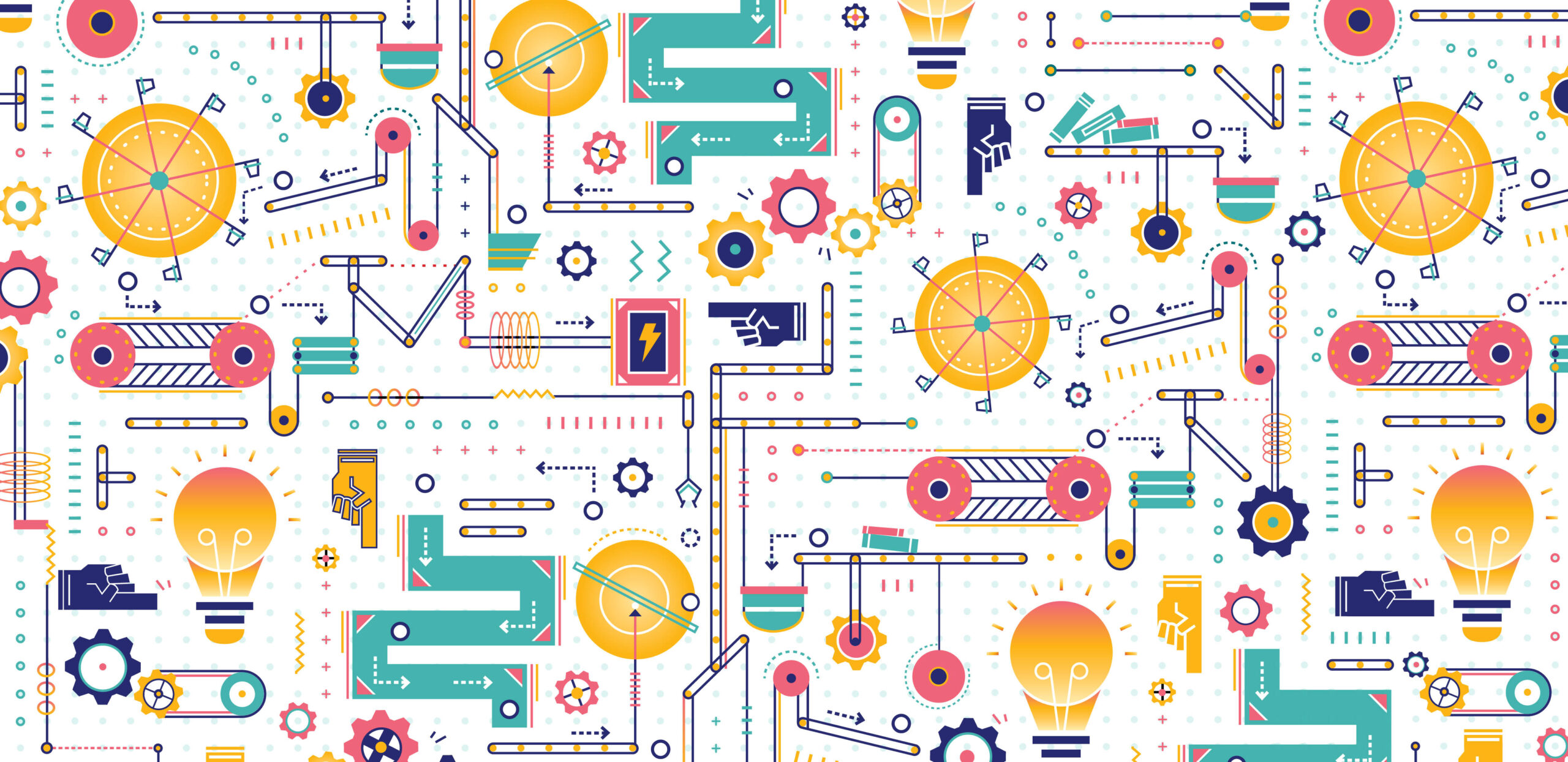 A colorfully illustrated design in bright teals, yellows, and pinks, that show interconnected gears and pulleys leading to a lightbulb.