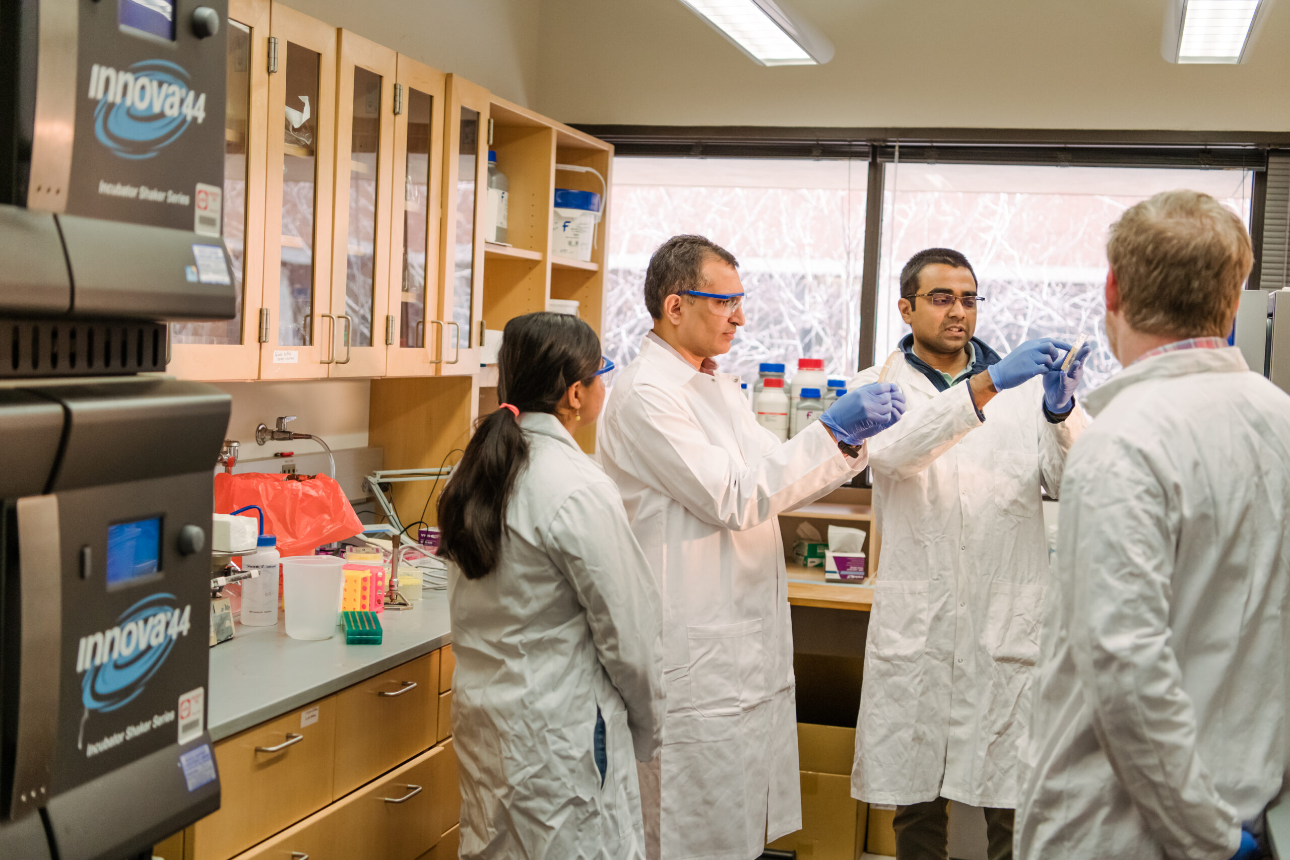Four researchers in lab coats stand in a lab, two holding petri dishes up to the light. Glass-doored cabinets in the background.