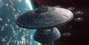 A Star Trek spacecraft seen orbiting above the Earth.