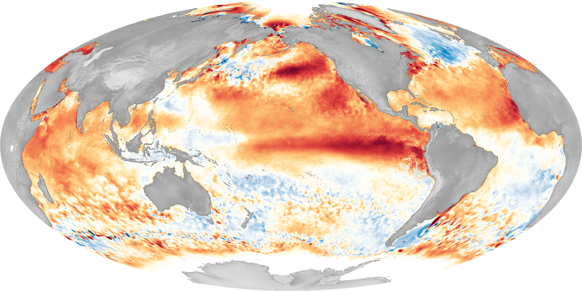 satellite image of the globe; continents are gray and swaths of orange and red swirl in the oceans