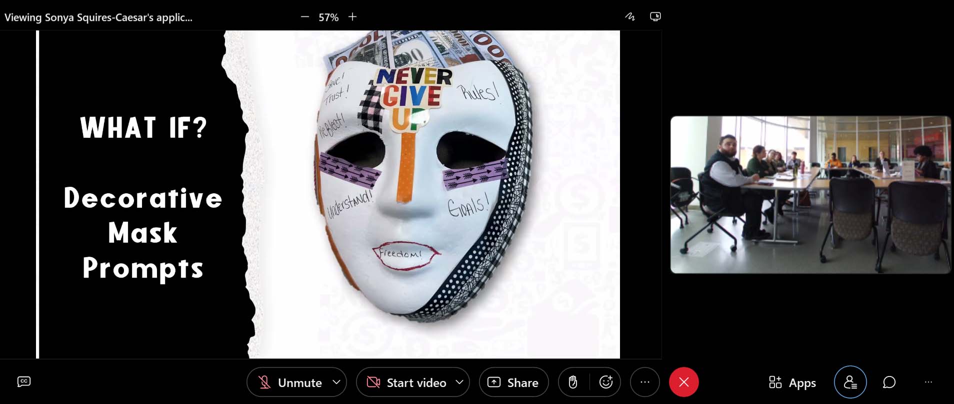 a screen shot of a face mask with text that says "what if? decorative face mask prompts." for a talk about susus