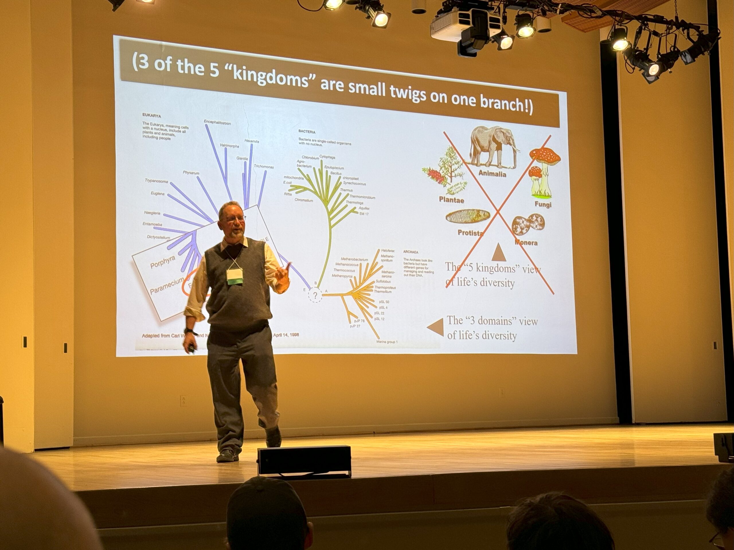 man stands on a stage in front of a large screen, which shows a modern, domain-based tree of life on the left, and the former "five kingdoms" understanding (with an X through it) on the right.