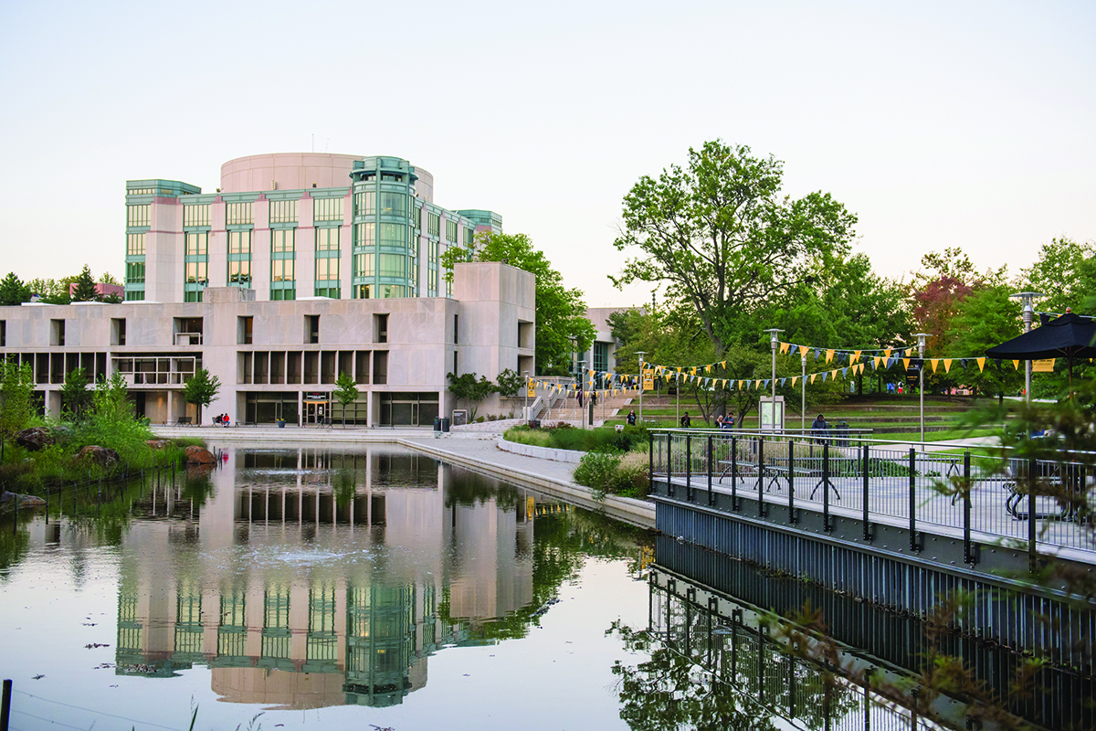 UMBC's library reflecting in the pond