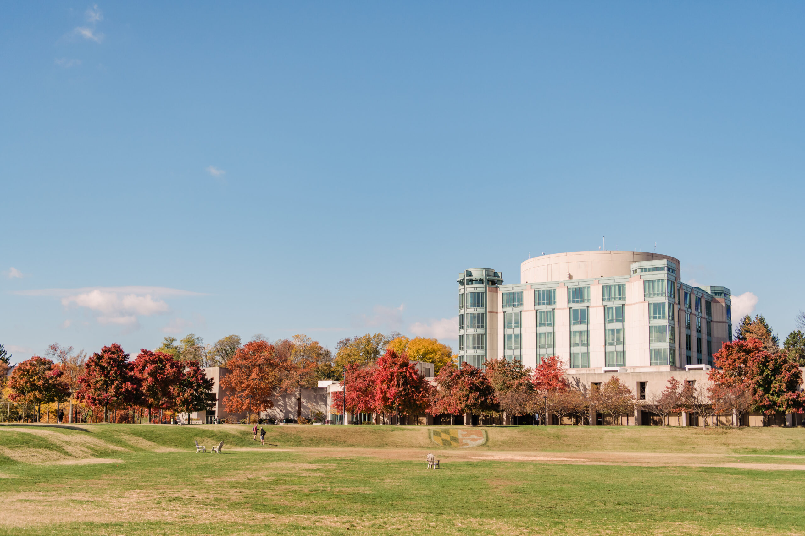 A photo of UMBC's library and campus ahead of the 2024 election season