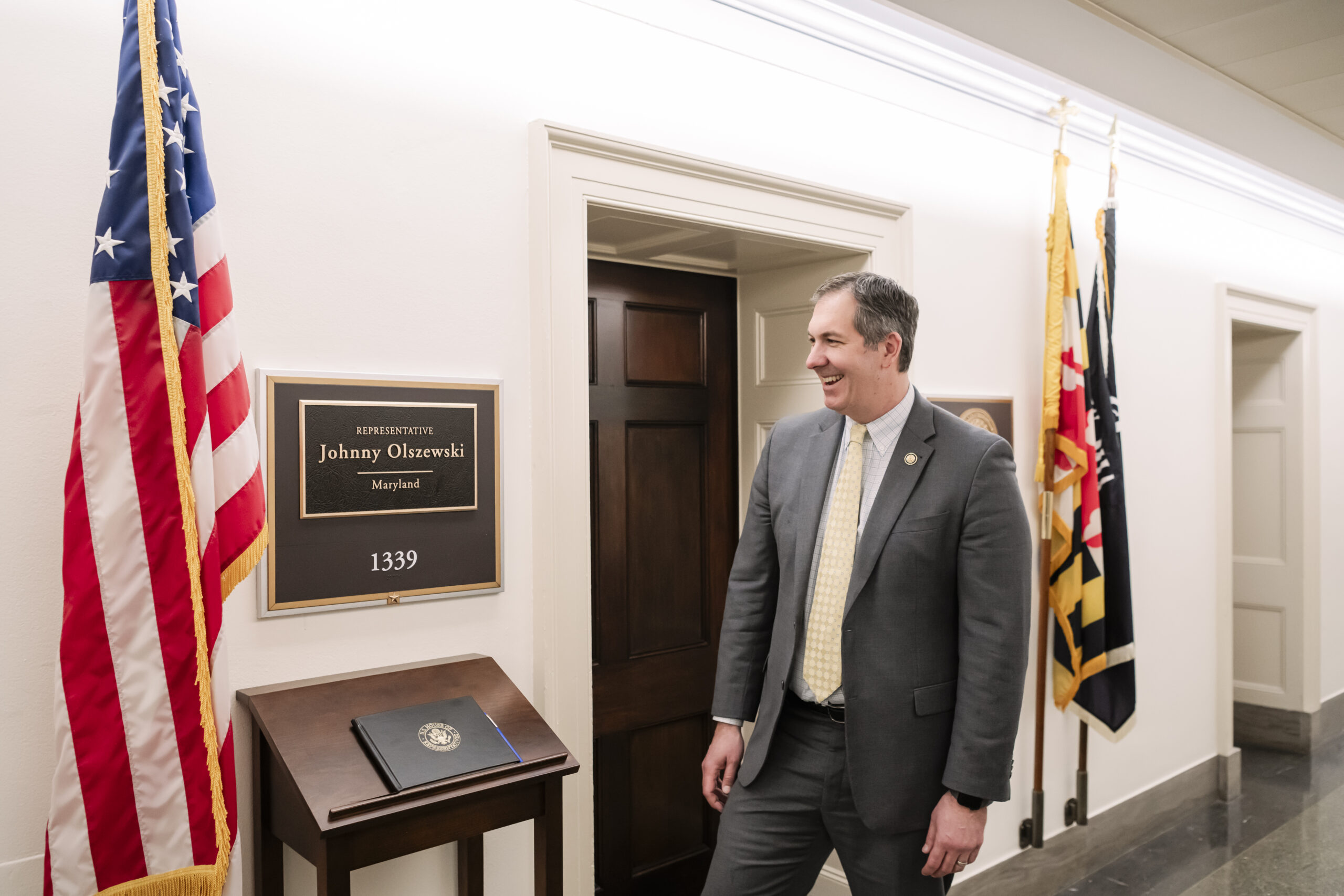 johnny olszewski stands outside his congressional office in Washington DC