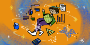 boy floating in space, surounded by a pie chart, bar chart, calculator, protractor, and model of a curved surface; orange background with blue spray at the edges