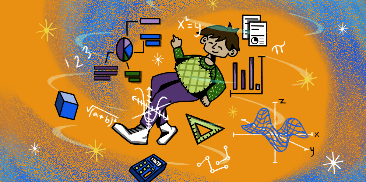 boy floating in space, surounded by a pie chart, bar chart, calculator, protractor, and model of a curved surface; orange background with blue spray at the edges