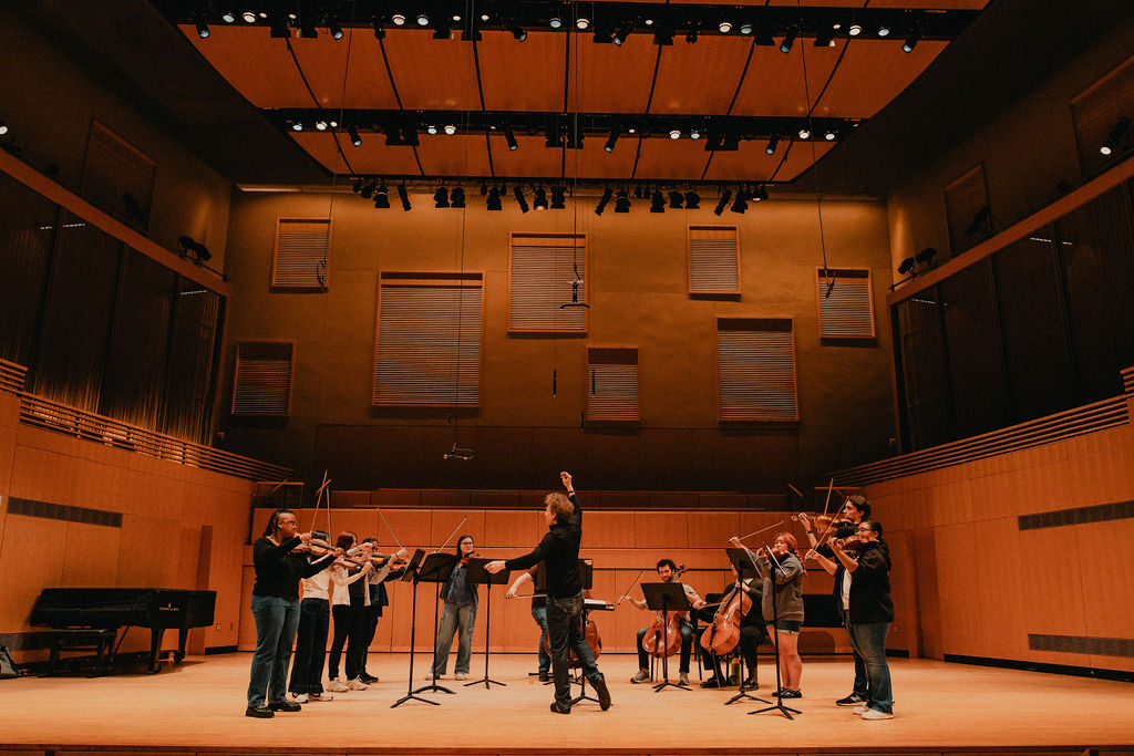 a small group of musicians play on a concert hall while a conductor enthusiastically moves his arms