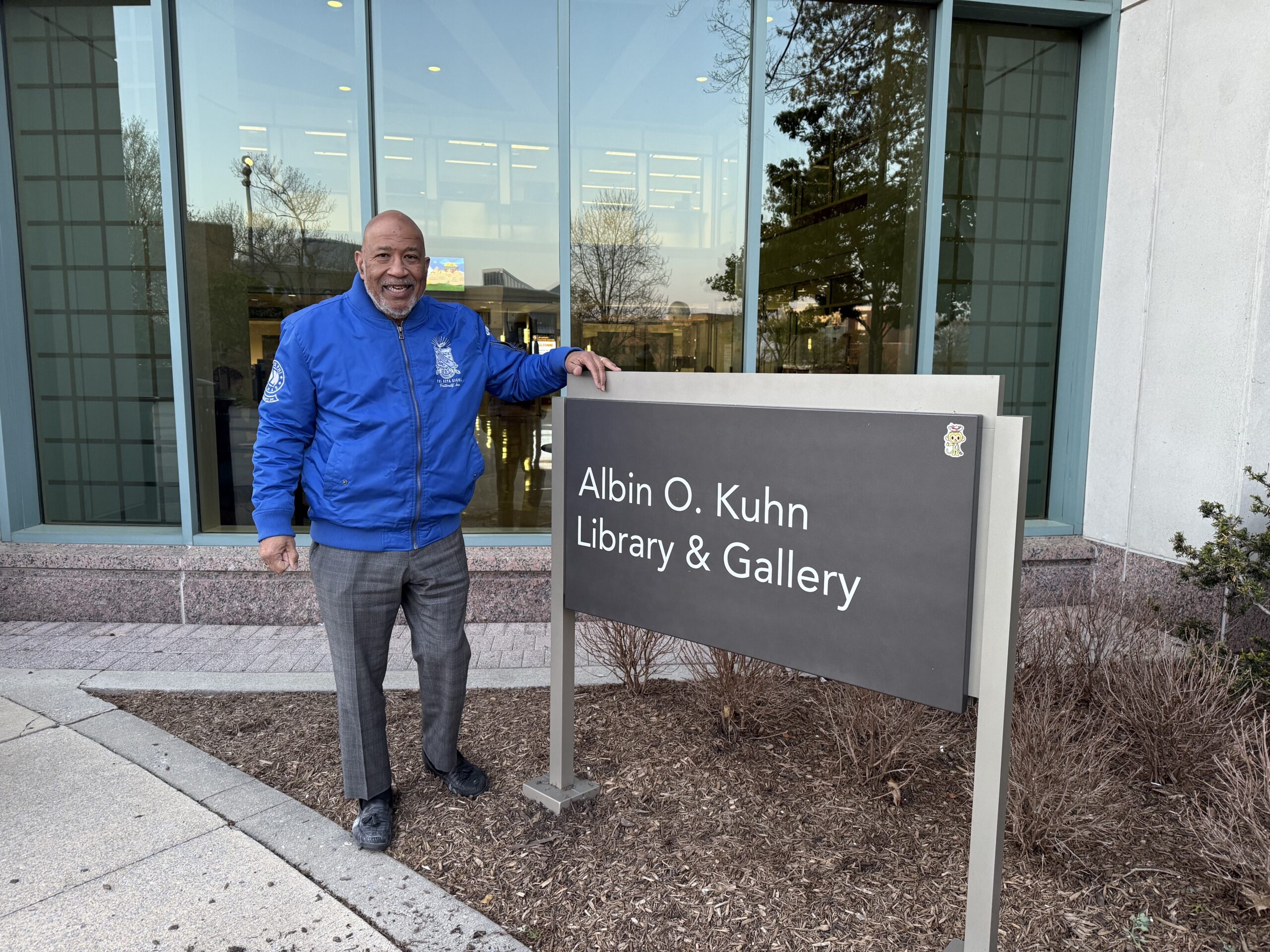 Gary Brooks ’79 in front of the AOK Library wearing his Phi Beta Sigma jacket. "Phi Beta Sigma made library study an important regular component of our pledge routine," says Brooks.
