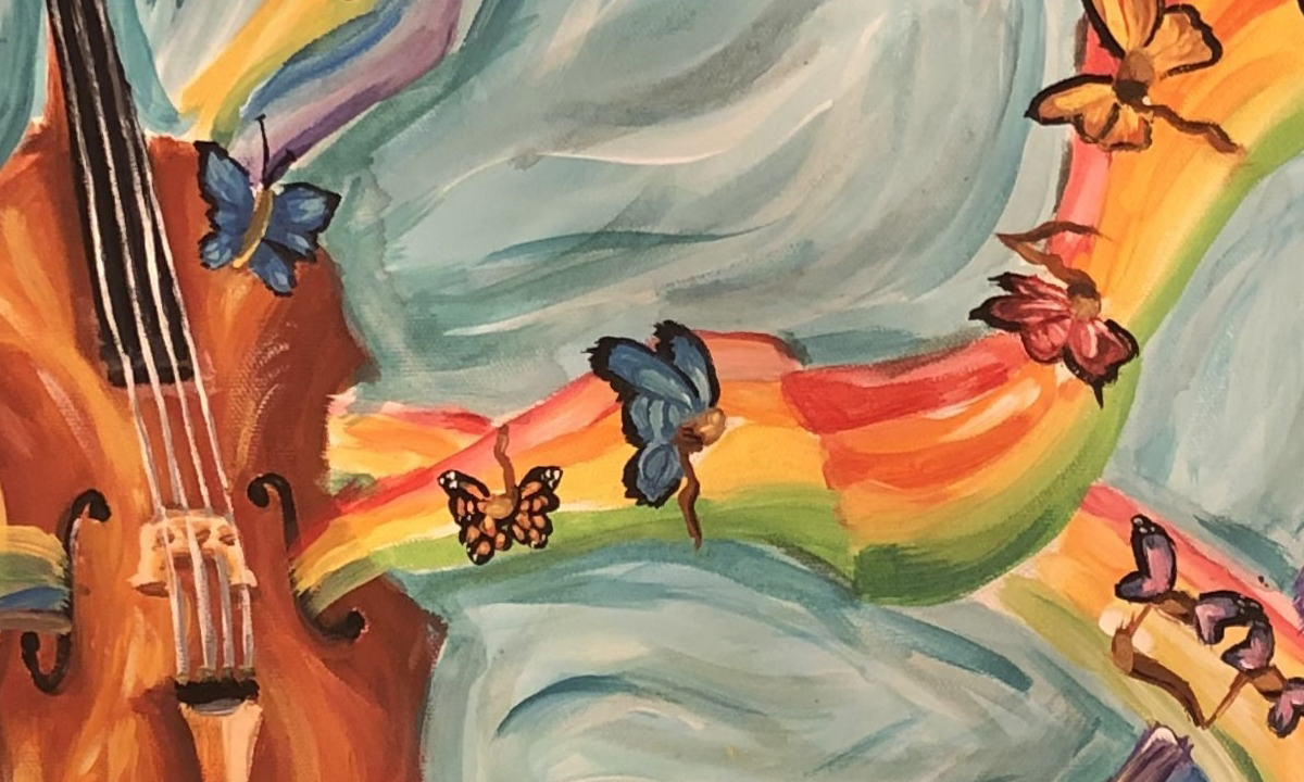 painting of a cello with a rainbow and butterflies coming out of it; swirly gray background