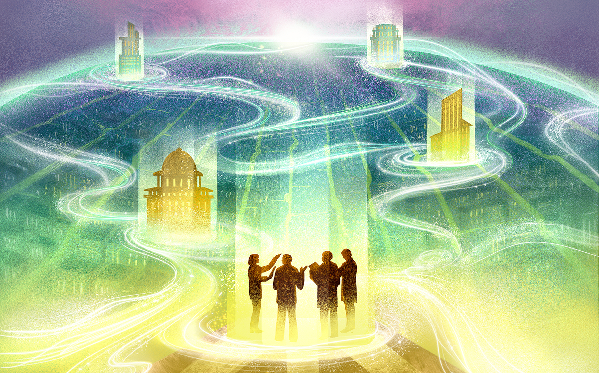 illustration featuring 4 silhouettes in a glowing circle with buildings