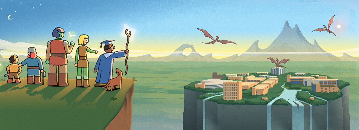 Illustrations by Hugo Pablo Moreno, featuring a group of people with a dog overlooking a mountainous landscape where UMBC's campus is surrounded by flying dragons.