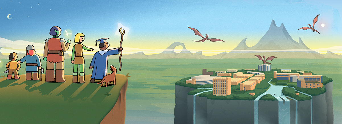 Illustrations by Hugo Pablo Moreno, featuring a group of people with a dog overlooking a mountainous landscape where UMBC's campus is surrounded by flying dragons.