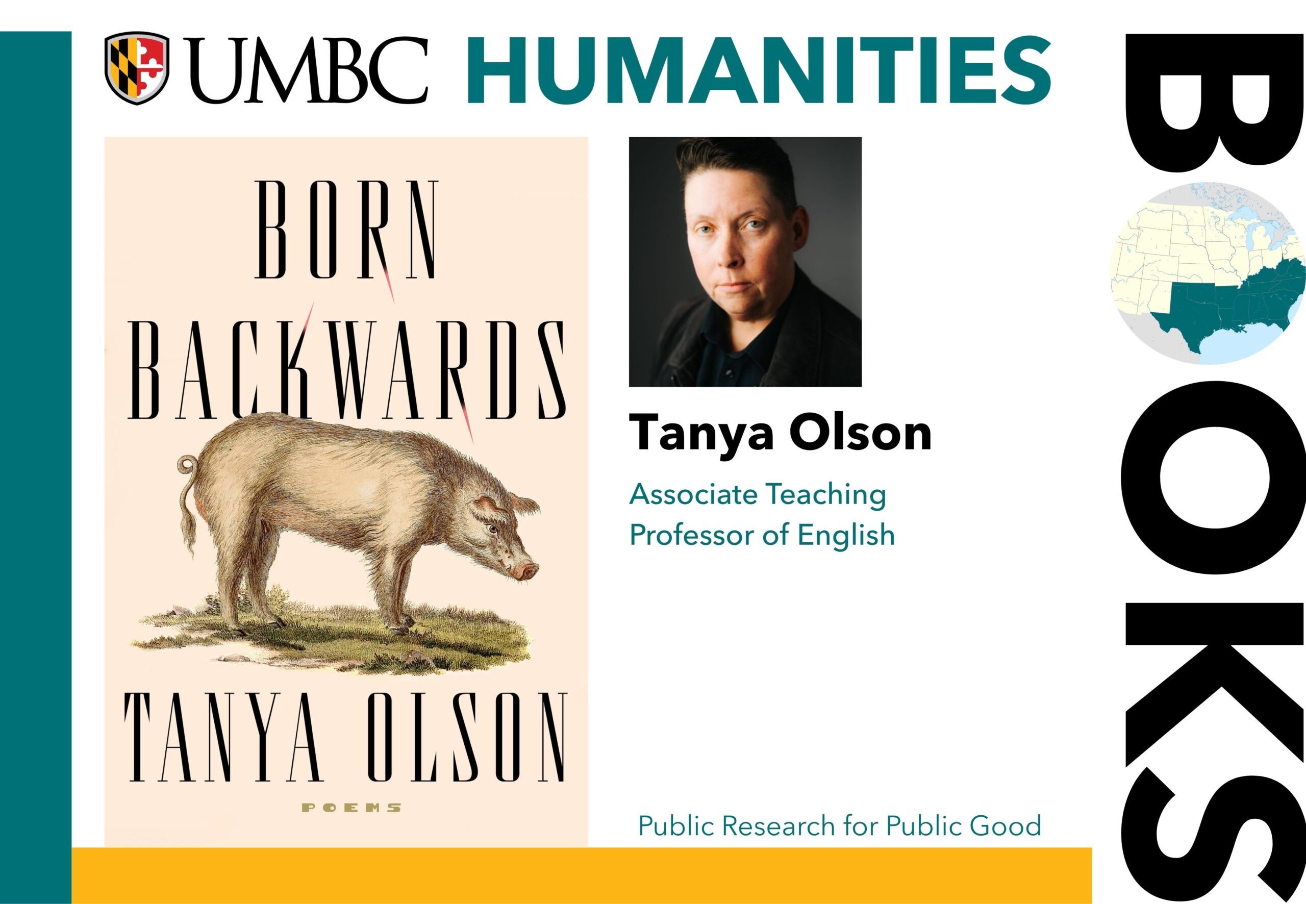 A graphic of a book cover with a sketch of a pig, a headshot of a professor, and the words UMBC humanities books written at the edges butch culture Tanya Olson