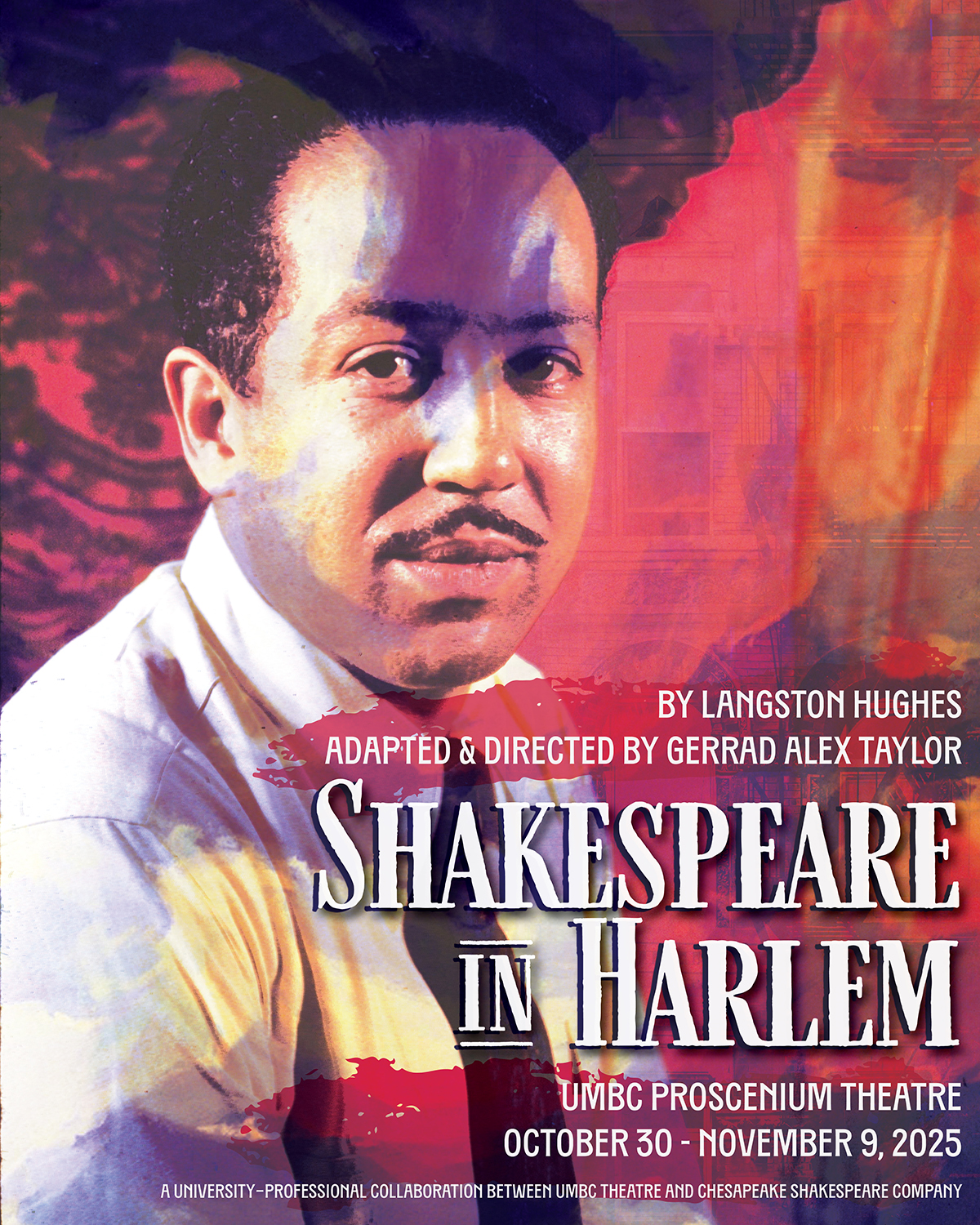 A poster show the image of Langston Hughes and says Shakespeare in Harlem.