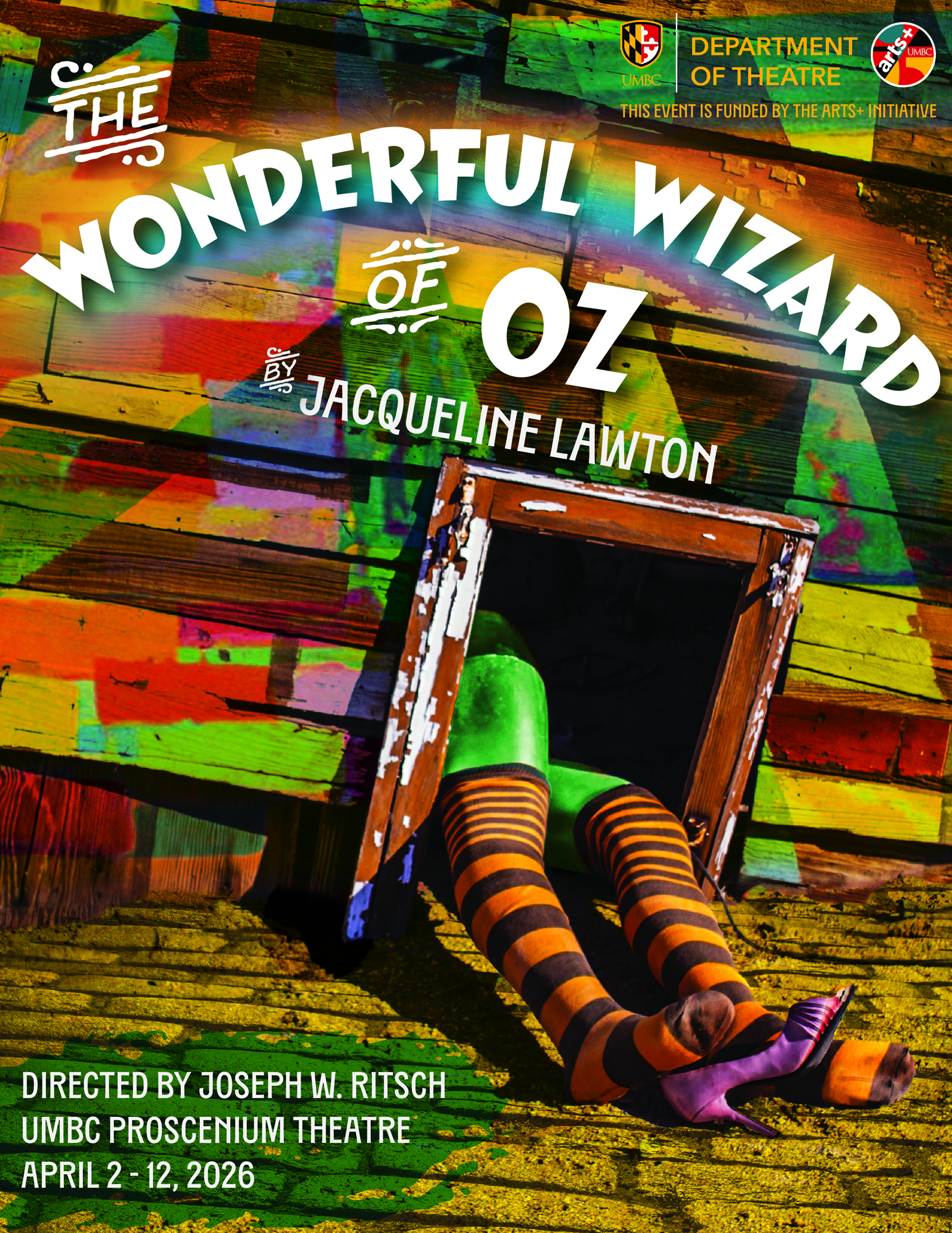 A colorful poster design says The Wonderful Wizard of Oz adapted by Jacqueline Lawton.