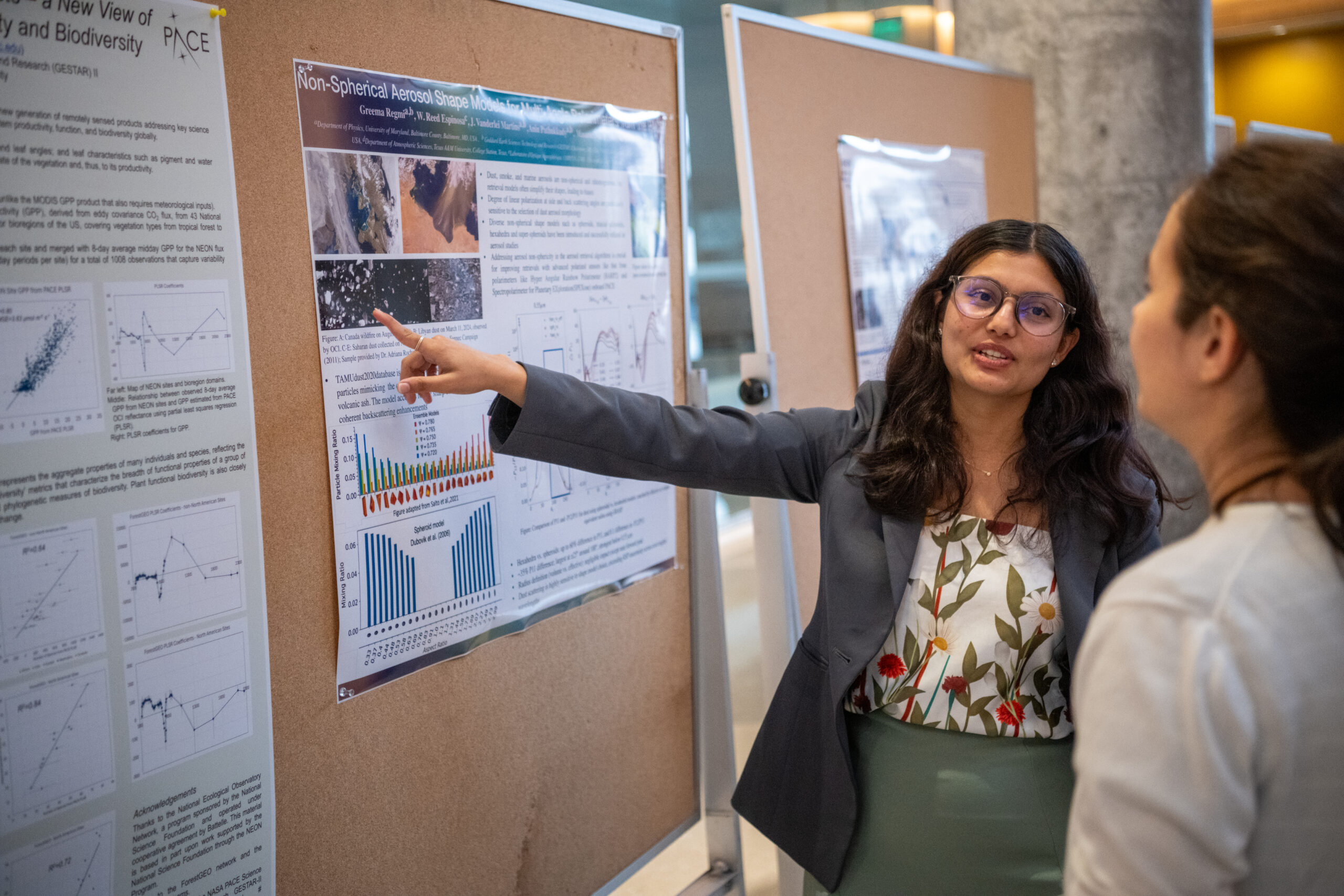 woman points at research poster while speaking to another person pinned to a corkboard