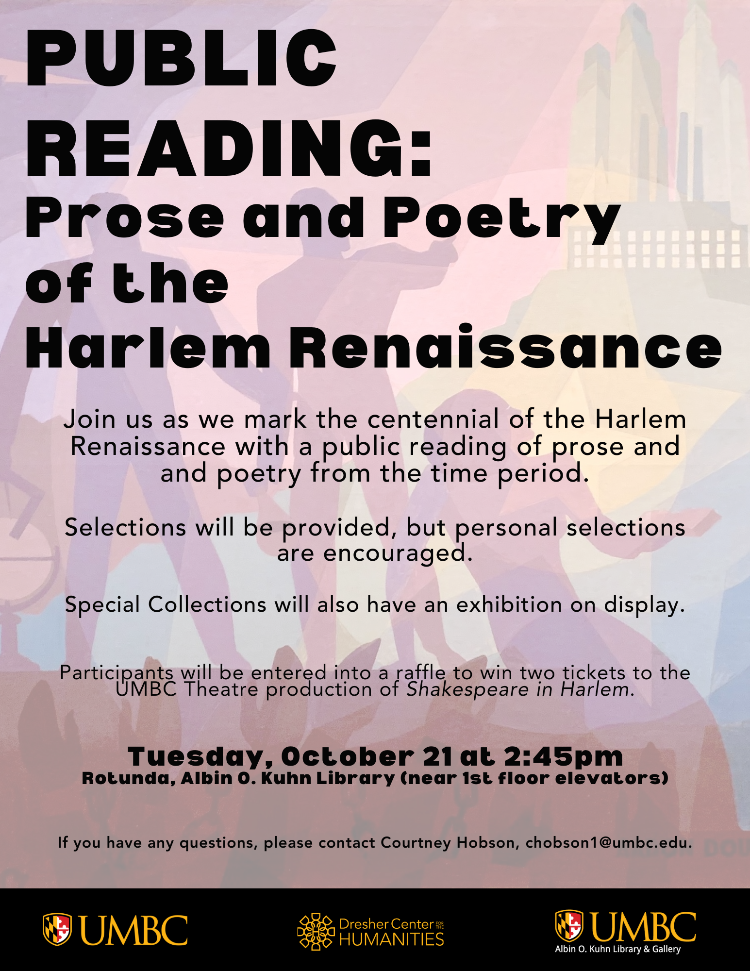 A poster design says Public Read: Prose and Poetry of the Harlem Renaissance.
