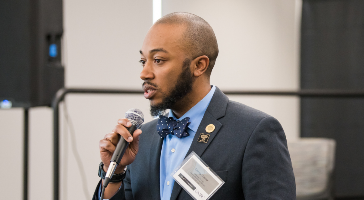 Corey Carter speaking at Celebration of Teaching in 2018 (Marlayna Demond '11/UMBC)