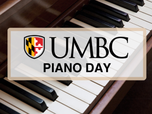 UMBC Piano Day graphic over a photo of two octaves of piano keys.