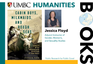 A graphic of a book cover of a sailor next to a boat with his family. To the right a headshot of a professor, and the words humanities books at the margins