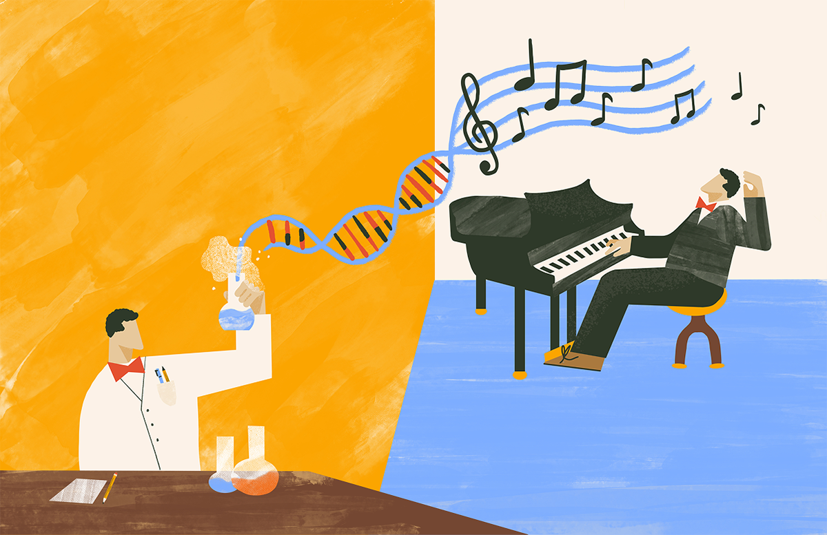illustration of a scientist and pianist, with DNA strands becoming musical notes