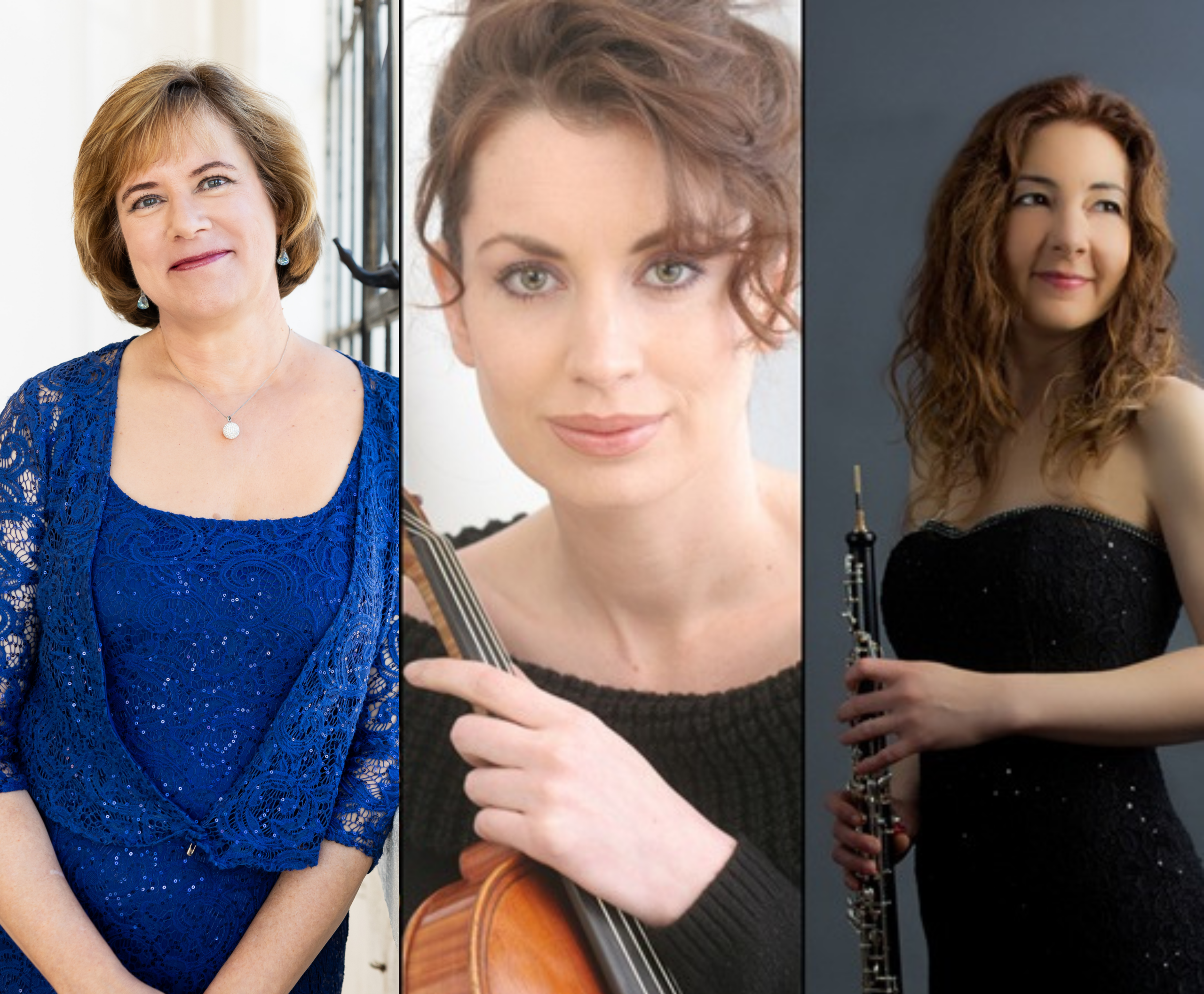 A collage of three women, each in a separate vertical section, featuring a woman in blue lace, another with a viola, and a third with an oboe in a black dress.