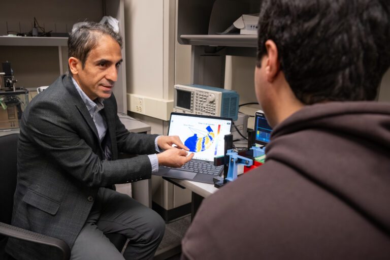 Kiani sits in front of a computer that shows a picture of a virtual stomach and talks with a student.
