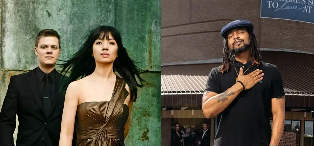 Two side-by-side photos. On the left, a man and a woman stand side by side. He has short dark hair and wears a dark shirt; she has long dark hair and wears a brown gown. On the right, a Black man stands in front of Meyerhoff Symphony Hall and places his hand over his heart.