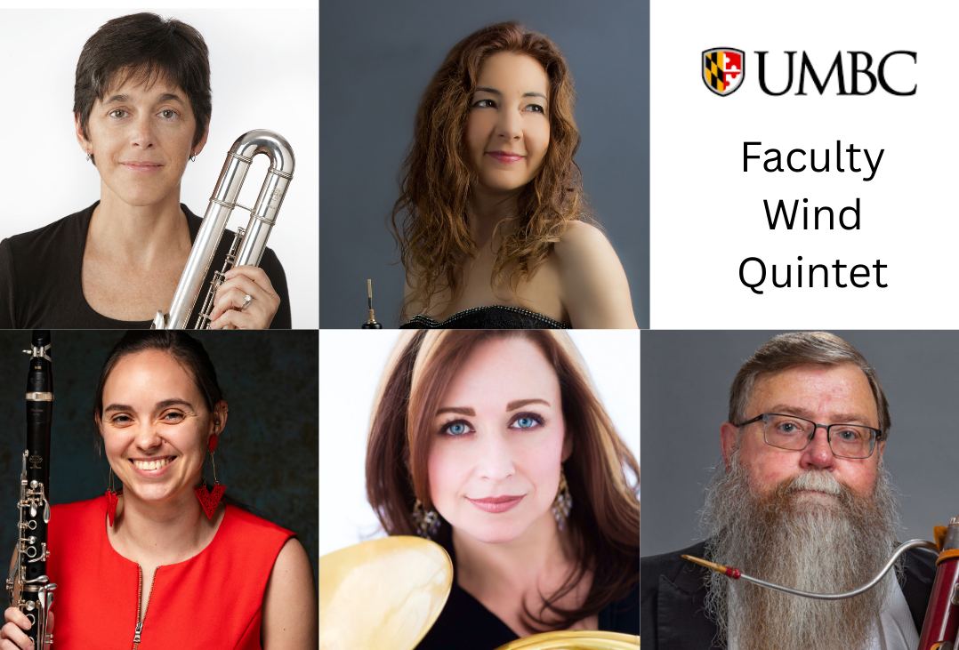 A collage of five photos of musicians holding instruments, with the words UMBC Faculty Wind Quintet.