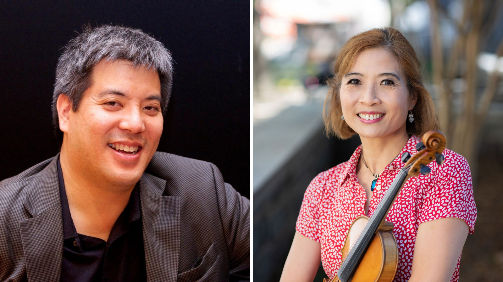 Two side-by-side photos. On the left, against a black background, a man with short dark hair and a dark outfit smiles at the camera. On the right, a woman poses with the neck of a violin, and smiles at the camera.