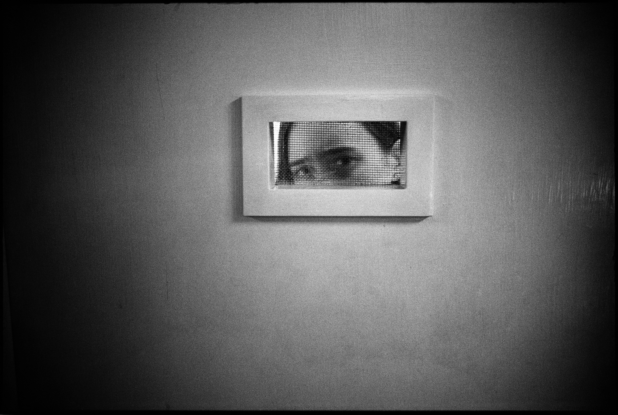 In a black and white photograph, a woman peeks out through a small screened window.