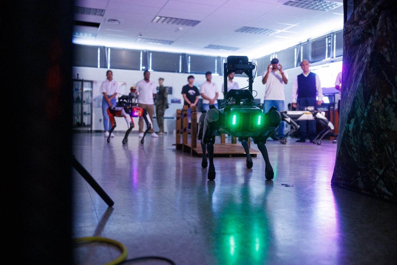 Robotic dogs with lights walk in a group, observed by people.