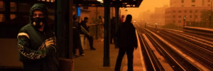 people waiting for a train wearing masks; the sky is yellow-orange
