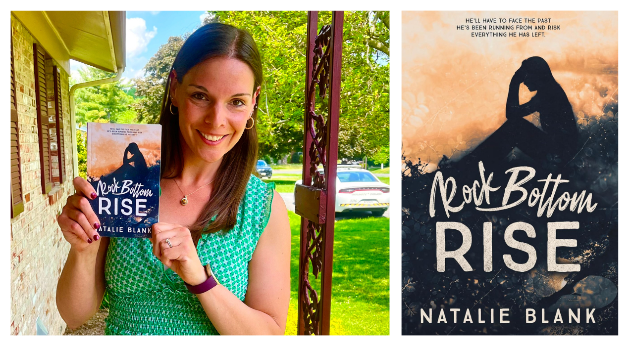 UMBC alumni author Natalie Blank on the left holding a copy of her fourth novel, Rock Bottom Rise. The book cover on the right.
