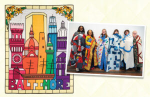Five people stand together in a room wrapped in individual colorful quilts