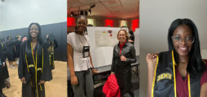 a collage of photos of Beryl, including two photos of her with graduation regalia and another photo with her poster presentation at URCAD
