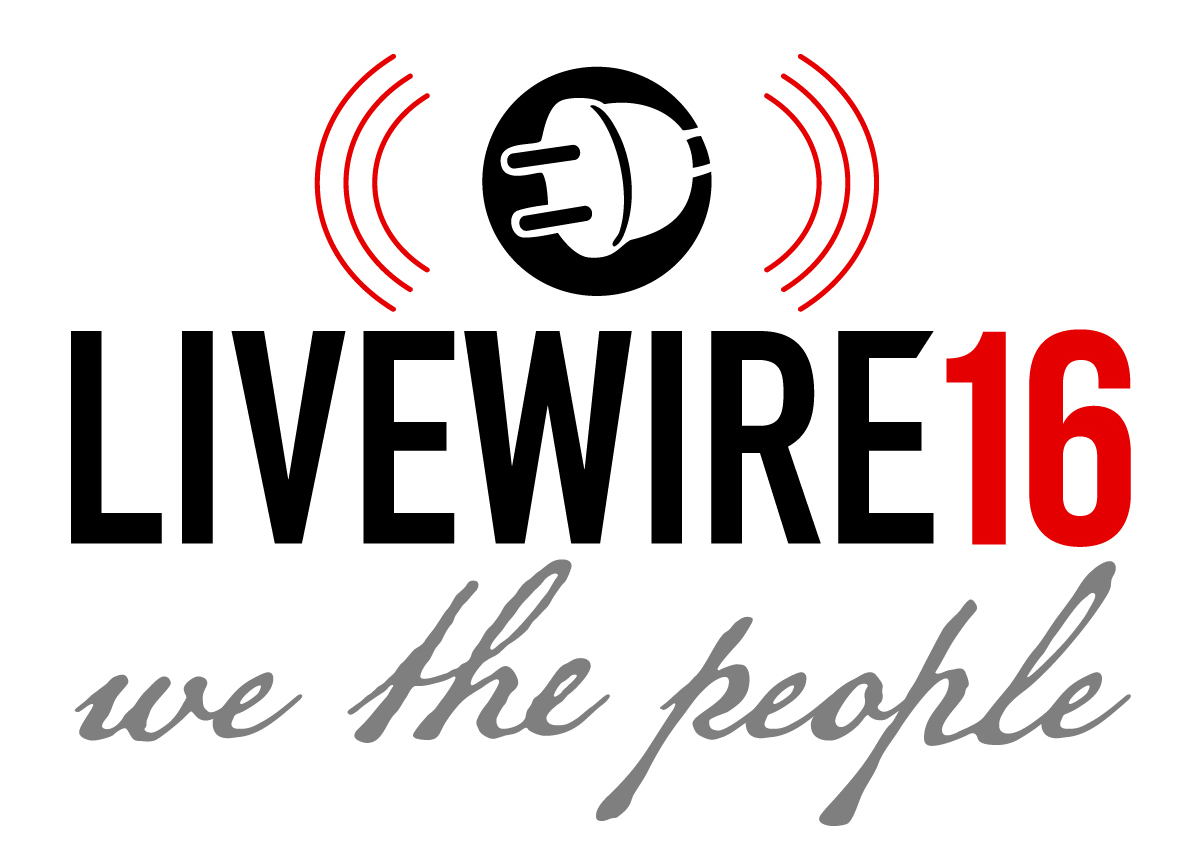 Logo for Livewire16 with an electrical plug icon and sound waves above the text. The text reads Livewire16, we the people.